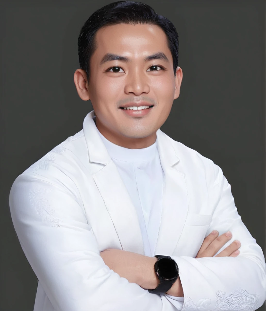 A 35 year old Indonesian man, short black hair, neatly combed back, thick eyebrows, slightly narrow eyes and a proportional nose. His oval face with slightly filled cheeks showed a friendly smile showing his straight teeth. Wearing a white t-shirt covered by a white coat. High detail, realistic lighting, very clear and sharp facial skin texture, sharp focus, natural skin color.