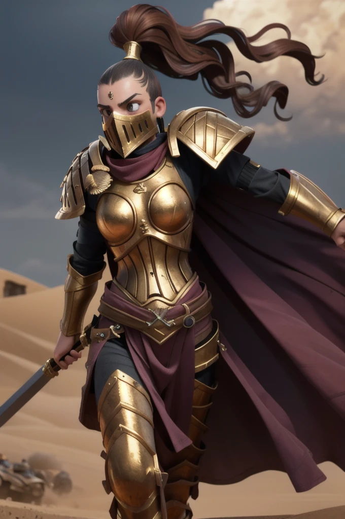 photo of 1girl, , wearing sistersilence armor, mask details, topknot,wavy hair, full armor, detailed shoulder armor, pauldron, gold armor, armor detail, gold trimmings, pelvic curtain, cape, swinging sword, facial tattoo, battle, army, firing, gun, charging, running, standing by desert storm, sandstorm, dune, dark ambiance,
