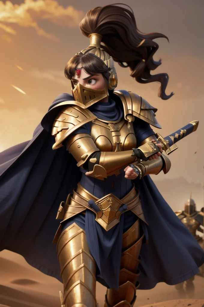 photo of 1girl, , wearing sistersilence armor, mask details, topknot,wavy hair, full armor, detailed shoulder armor, pauldron, gold armor, armor detail, gold trimmings, pelvic curtain, cape, swinging sword, facial tattoo, battle, army, firing, gun, charging, running, standing by desert storm, sandstorm, dune, dark ambiance, 