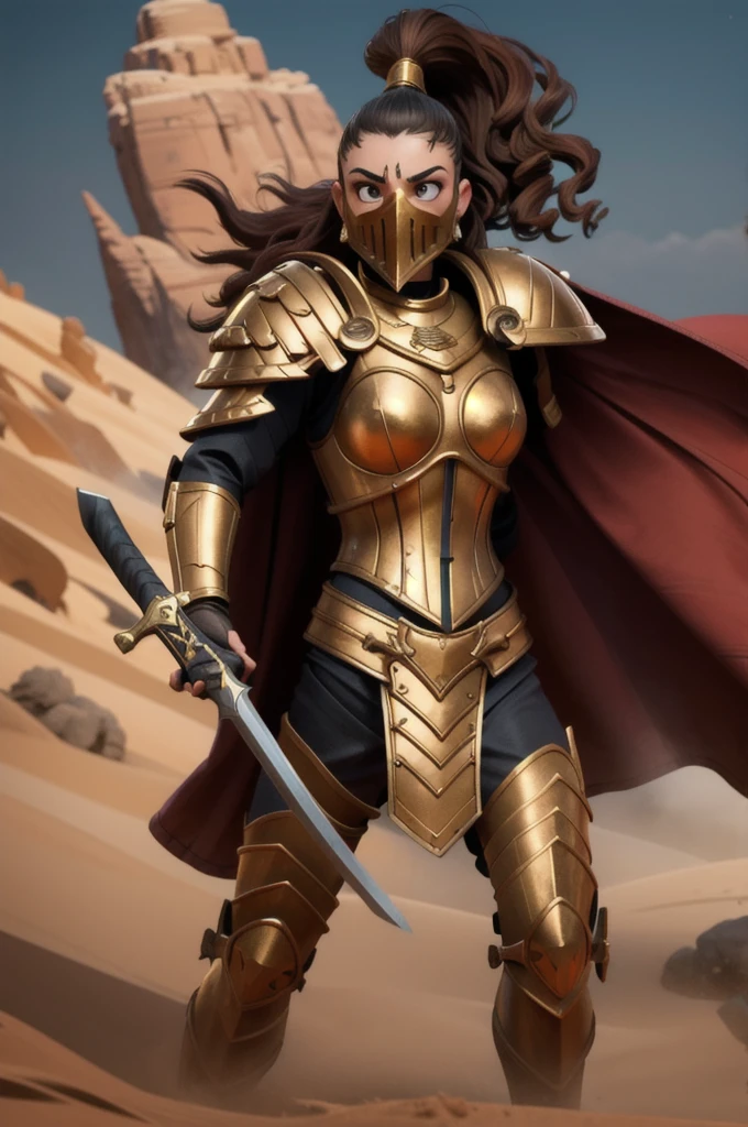 photo of 1girl, , wearing sistersilence armor, mask details, topknot,wavy hair, full armor, detailed shoulder armor, pauldron, gold armor, armor detail, gold trimmings, pelvic curtain, cape, swinging sword, facial tattoo, battle, army, firing, gun, charging, running, standing by desert storm, sandstorm, dune, dark ambiance, 