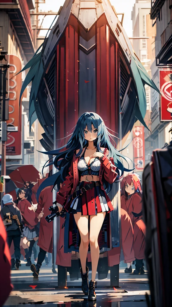 High detailed, anime girl, large spruce-blue hair, navy-blue eyes, busty, gorgeous plump body, red cardigan, Black bustier, large bullet belt, large skirt, holding Gun in hand