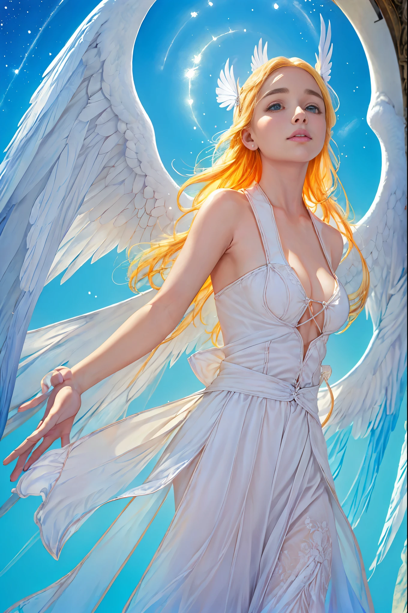 Emilia Clarke, Angel big white wings, blond hair, long braided hair,(8k, Best Quality, Masterpiece:1.2),(Best Quality:1.0), (ultra high resolution:1.0), watercolor, A pretty woman, shoulder, hair bands, by agnes cecile, whole body, extremely bright shiny design, pastel colours, Masterpiece, (Best Quality:1.2), [:intricate details:0.2], 1 girl, angel, angel wings, white ruffles, (daytime sky), bright aura, intense concentration, crackling energy, mysterious symbols, bright specks,