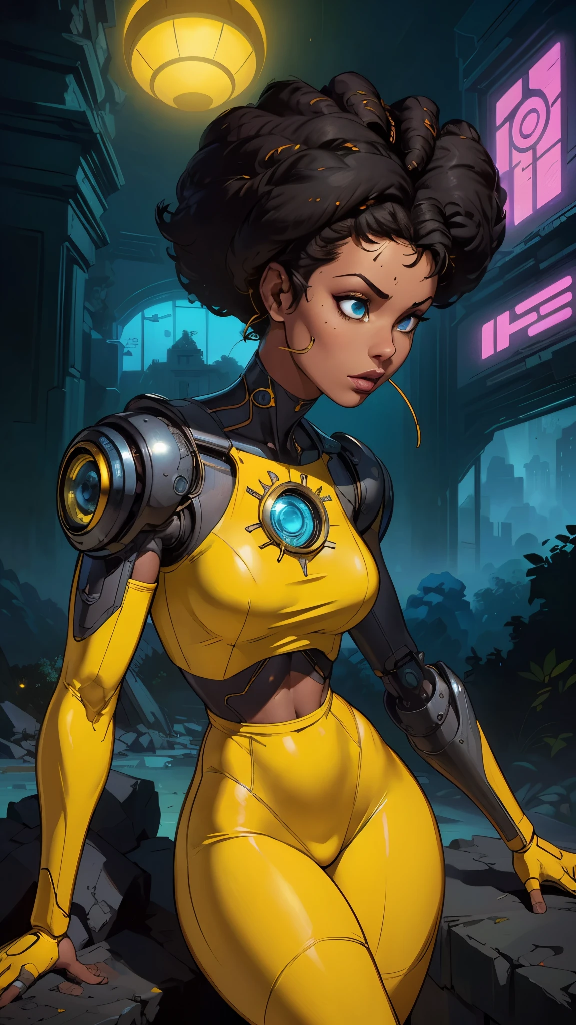 (The best quality,A high resolution,Ultra - detailed,actual),Selena Gómez with headphones on and a (yellow outfit:1.4) , (afrofuturism style:1.4) , afrofuturism, rossdraws | afrofuturism, Beeple. hyperrealism, (style hybrid mix of Beeple:1.4) , cinematic Beeple, realism | Beeple, afrofuturistic, Beeple daily art, cyberpunk art ultrarealistic 8k, cyberpunk vibrant colors,(Selena Gómez :1.4), (cinematic lighting :1.4), (perfect anatomy :1.4), ,(Fondo de ruinas de mazmorra en ruinas cyberpunk :1.4 ), (pose dinámica vaquero), (face detailed Selena Gómez :1.4), (Five Fingers, Four fingers and thumb),(cyborg yellow mecánica transparente plastic :1.4), ,(Fondo de ruinas de mazmorra en ruinas:1.4 ), (cabello afro rizado negro :1.4) 