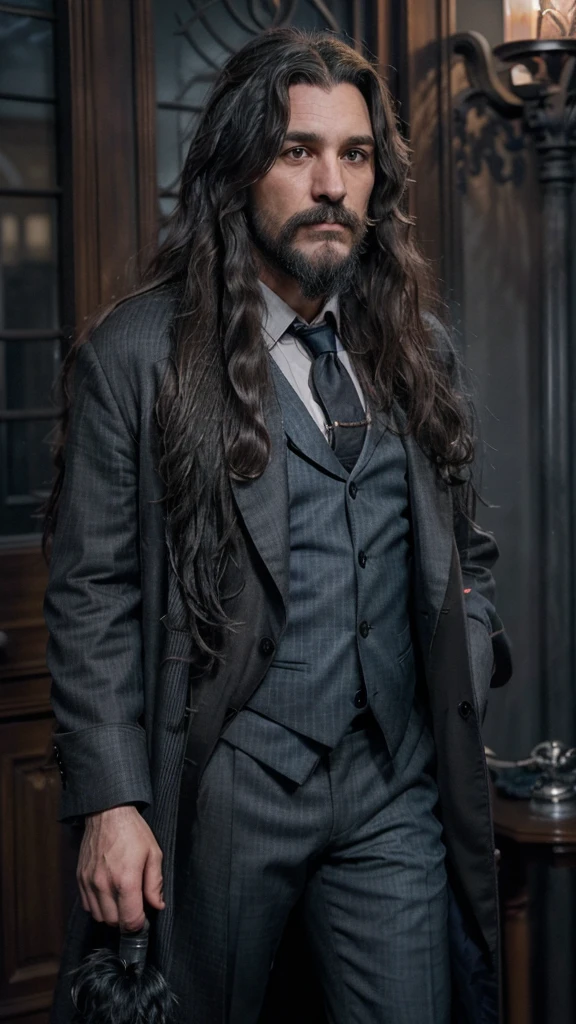 a photo of a (((croockerd and curved man))) with long hair and a beard wearing a classic black suit and a long tail coat, short middle curly brown hair,(((Blue grey skin))), house bolton,Sirius black with mustach, hair  messy and unkempt, curved crooked body, Mist cloack and smoke,dracula, venture 