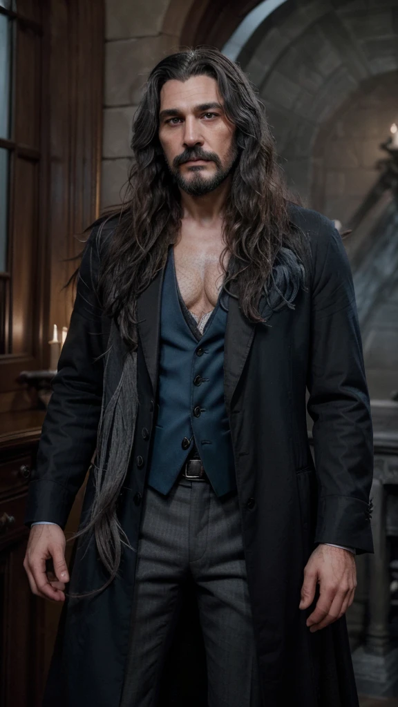 a photo of a (((croockerd and curved man))) with long hair and a beard wearing a classic black suit and a long tail coat, short middle curly brown hair,(((Blue grey skin))), house bolton,Sirius black with mustach, hair  messy and unkempt, curved crooked body, Mist cloack and smoke,dracula, venture 