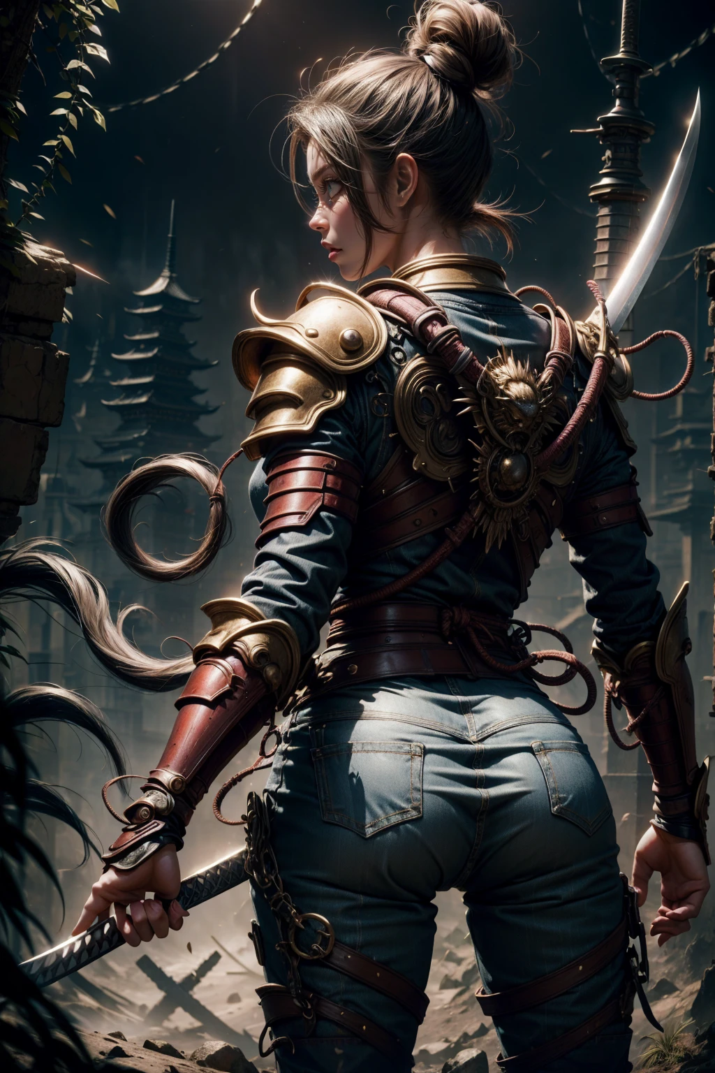 blue samurai girl, bluish clothes, really short hair, with sexy samurai armor on your back, showing your back, katana sword