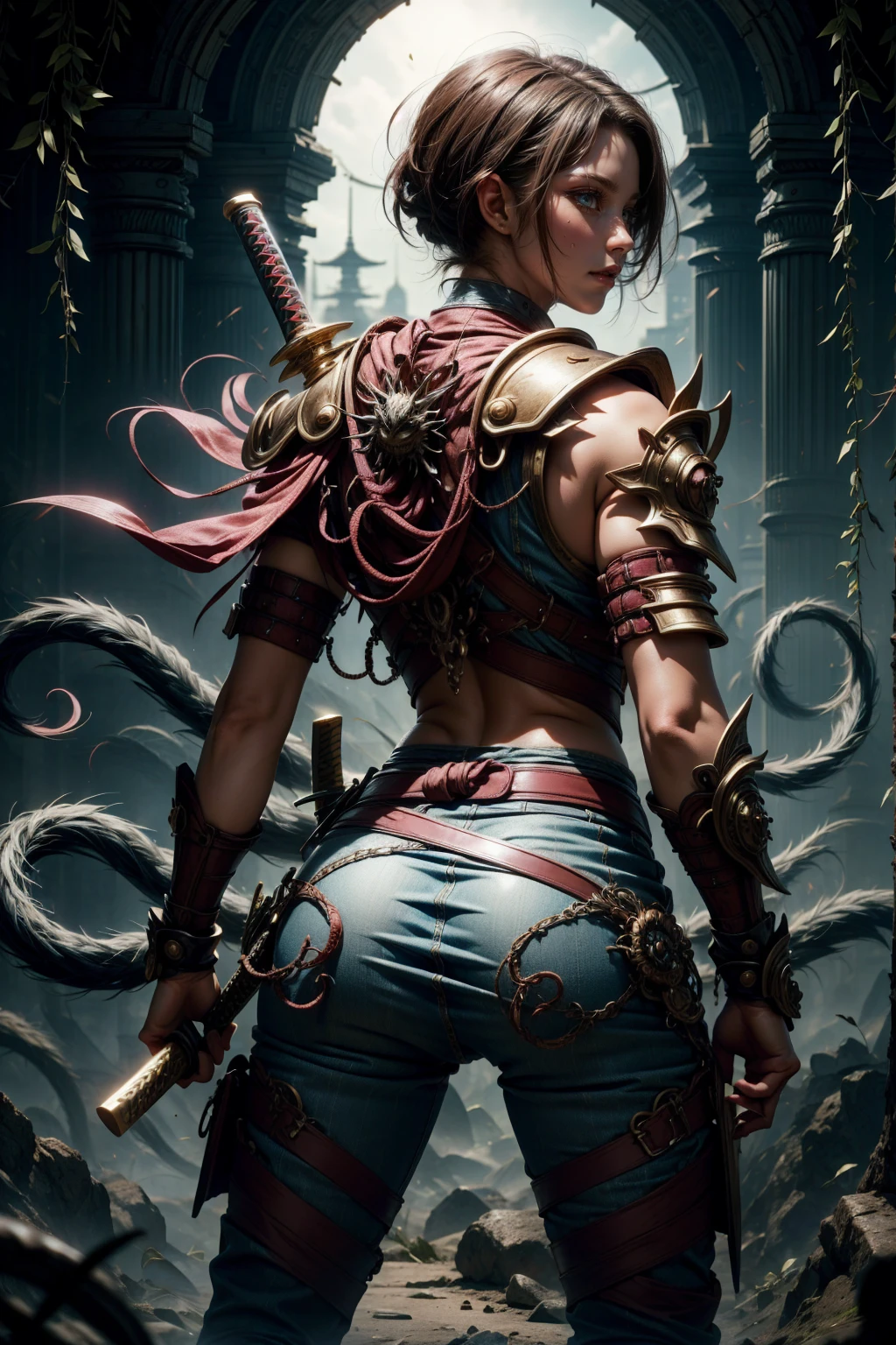 blue samurai girl, bluish clothes, really short hair, with sexy samurai armor on your back, showing your back, katana sword