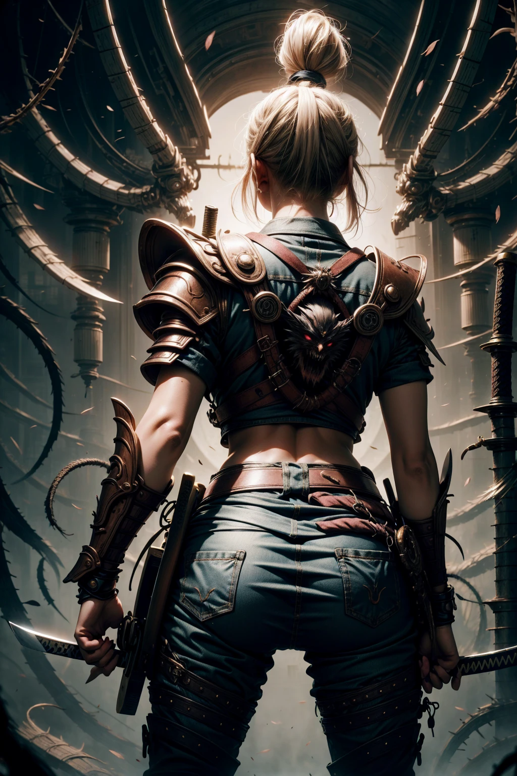 blue samurai girl, bluish clothes, really short hair, with sexy samurai armor on your back, showing your back, katana sword