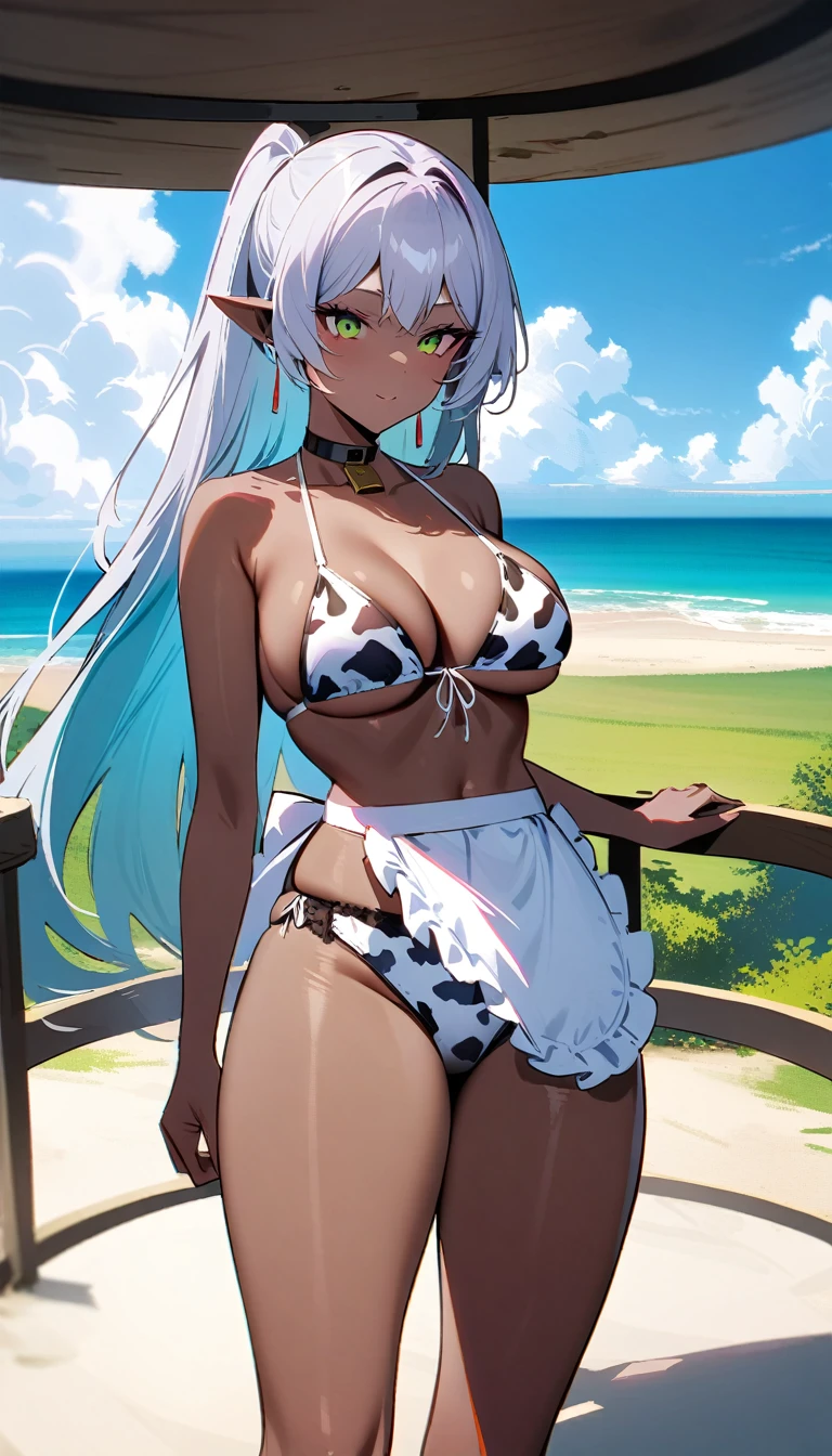 work of art, best qualityer, extremely detaild, 1 girl, milf, standing alone, (Cao Cao:1.2), (darkskin, skin black:2), freeze, (Breasts huge:1.5), ((((gray hair), long hair, Eyes red))), purple lips, (((choker, 比基尼, cow print bikini, waist apron, ruffled apron, knickers))), ((drlight smile), cloused mouth), ((open air, Lookout, beachfront))