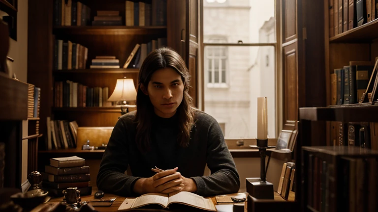 A person sitting in a quiet, dimly lit room, surrounded by books and objects of wealth, yet appearing deeply unsatisfied and pensive. The atmosphere is one of wealth juxtaposed with inner emptiness.