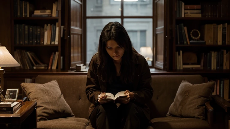 A person sitting in a quiet, dimly lit room, surrounded by books and objects of wealth, yet appearing deeply unsatisfied and pensive. The atmosphere is one of wealth juxtaposed with inner emptiness.
