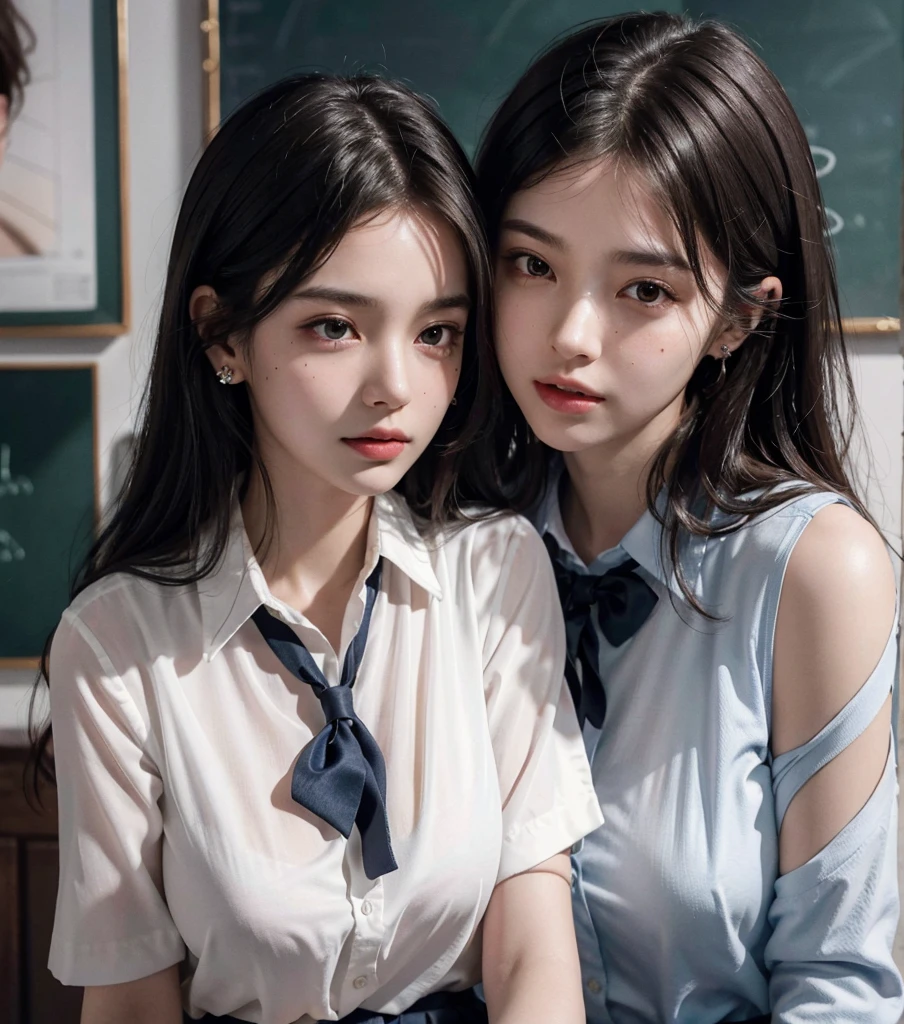 absurdres, RAW photo, extremely delicate and beautiful, masterpiece, Best Quality, ultra high resolution, 32k, hyperrealistic, ultra-detailed, in her 20s, delicate facial features, tearful mole, earring, very huge round breasts, full body shot, shorter middle hair, wavy hair, ((school uniform)), bedroom,