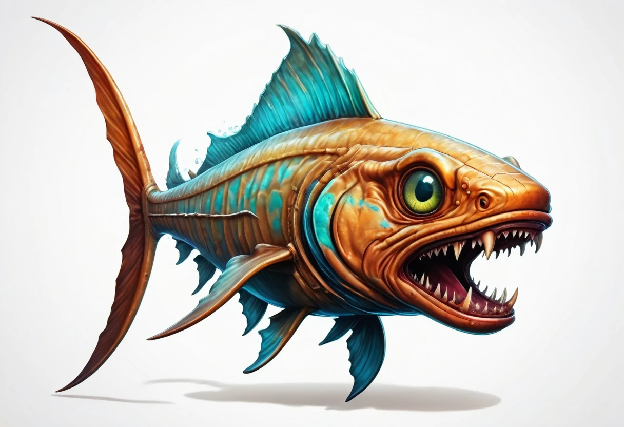 An ancient mutant dogfish，Faucet，Horns on the head，fear，Scary，Huge teeth，ferocious，（side view：1.2），White background，cartoon，Second Dimension