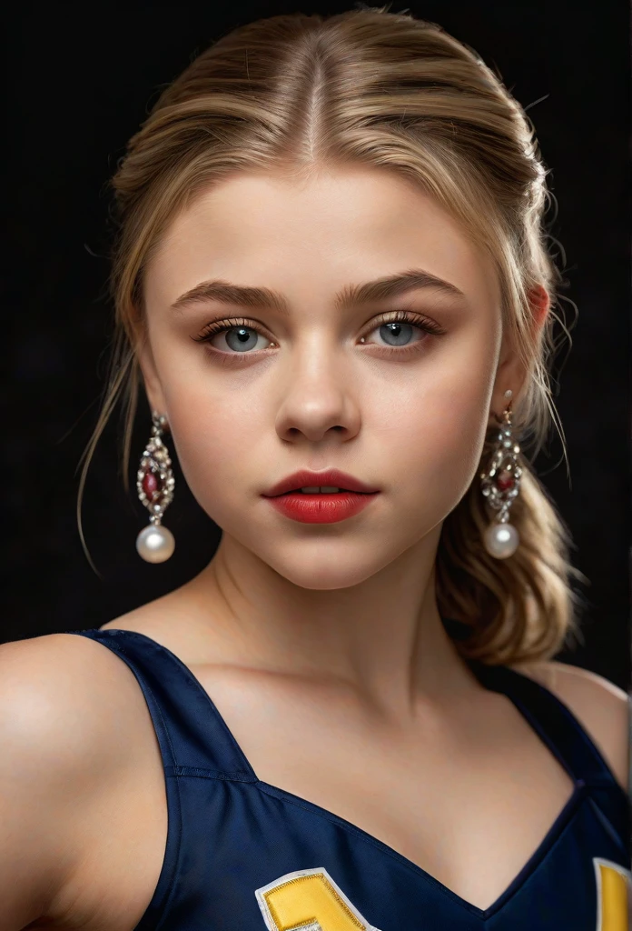 1girl, Chloe Moretz ,beautiful detailed eyes, beautiful detailed lips, extremely detailed face and eyes, long eyelashes, university of michigan cheerleader uniform, sheer shiny shimmering silky tan pantyhose, 5 inch white high heeled pumps, holding pompoms, studio photo shoot, red lipstick, long dangling earrings, hair in ponytail, glamour photo shoot, best quality, 4k, 8k, highres, masterpiece:1.2, ultra-detailed, realistic, photorealistic, photo-realistic:1.37, HDR, UHD, studio lighting, ultra-fine painting, sharp focus, physically-based rendering, extreme detail description, professional, vivid colors, bokeh