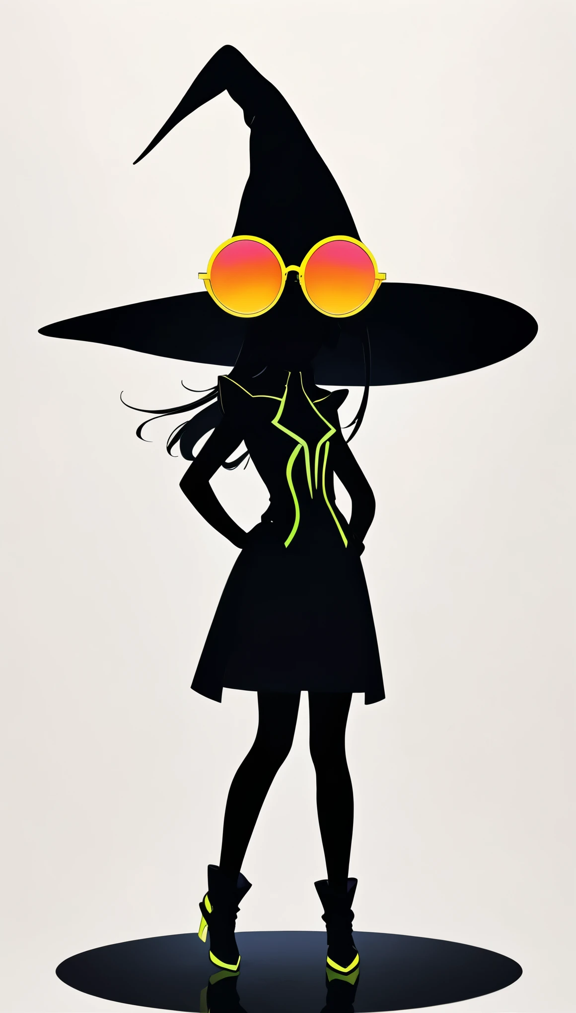 Thierry Muller (Thierry Mugler) style,1 little girl,Lolita figure,Loose hip-hop clothing,Giant wide-brimmed wizard hat,Silhouette,(((Neon round sunglasses))),Can't see the eyes,大面积blank,Minimalist composition,blank,White background,Chinese ink style,