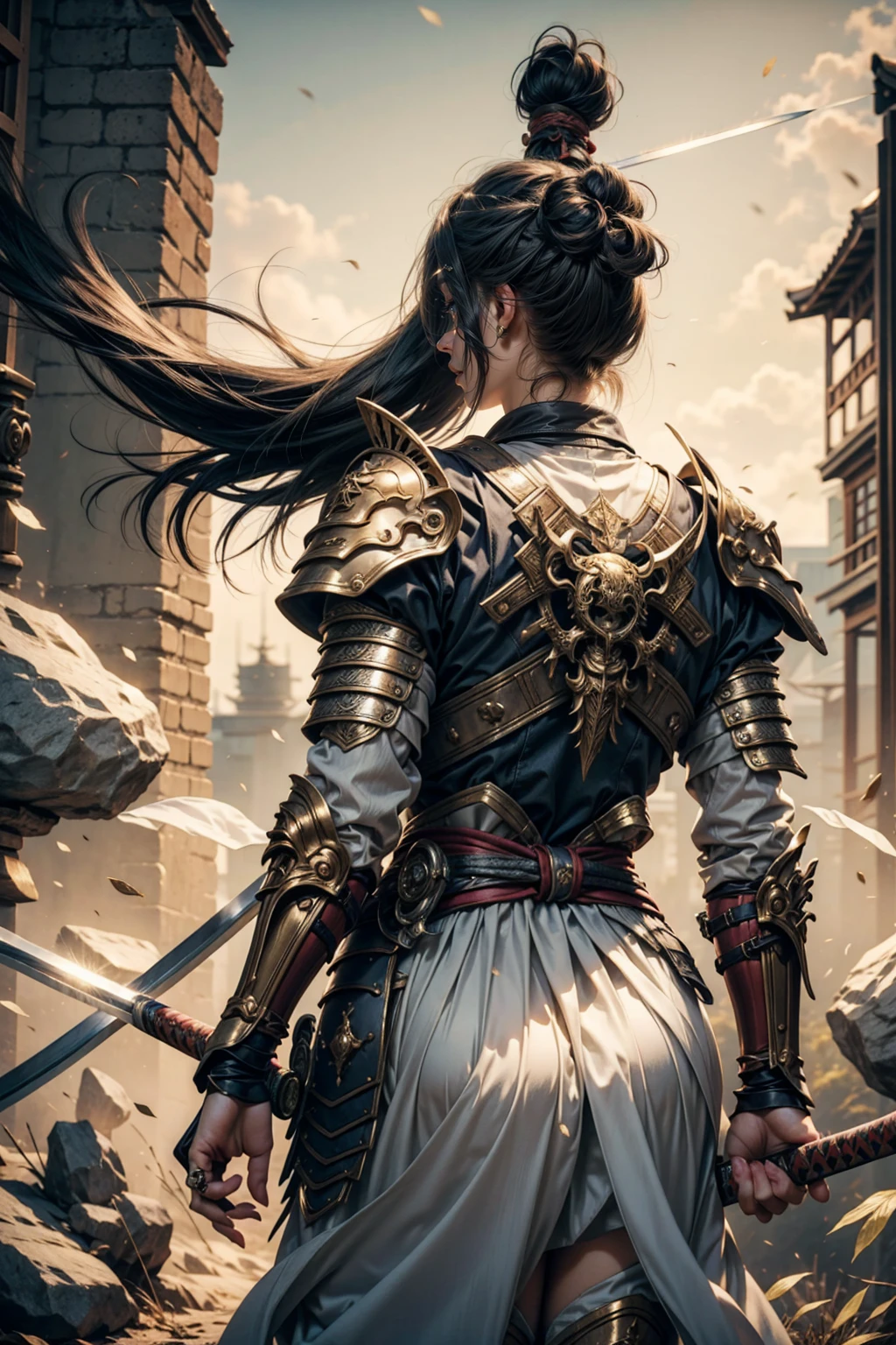 samurai girl, really short hair, with sexy samurai armor on your back, showing your back, katana sword