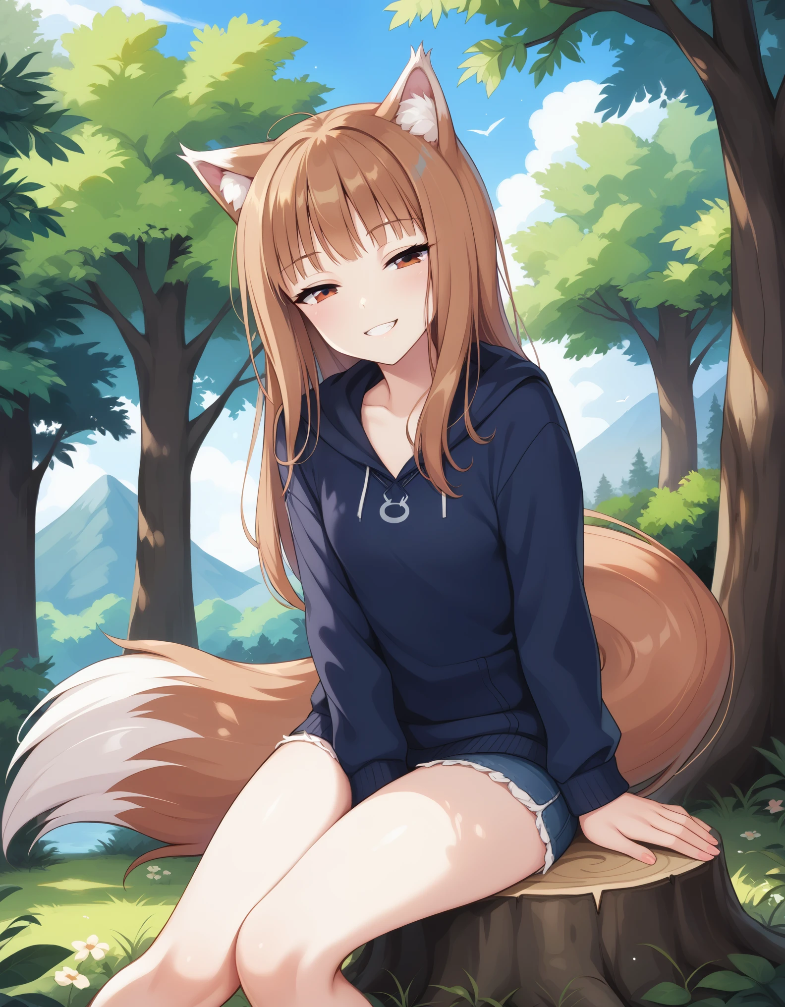 source_safe, 1girl, holo, animal ears, brown hair, long hair, red eyes, wolf ears, wolf girl, small breasts, wolf tail, spice and wolf, BREAK sitting, looking at viewer, (half-closed eyes), seductive smile, BREAK day, bare tree, outdoors, tree, tree stump, BREAK score_9, score_8_up, score_7_up, score_6_up,