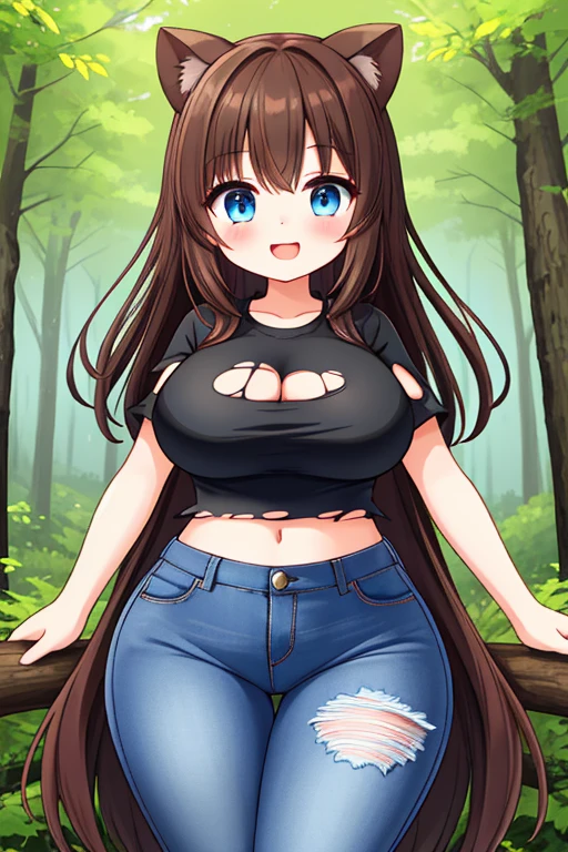 A Cute Girl, Lush Long Brown Hair, Beautiful Blue Eyes, Broad Hips, (Very Large Breasts), (has a slim, but still very curvy figure), (Black Crop-Top), (Torn Jeans), in the forest,
