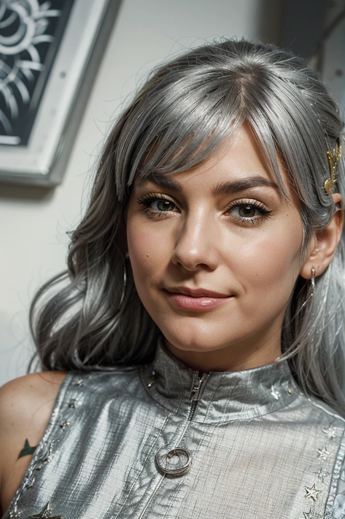 Stelle trailblazer, sly grin, cocky face, side angle, simple art, big close up, looking to camera, silver hair, yellow eyes.