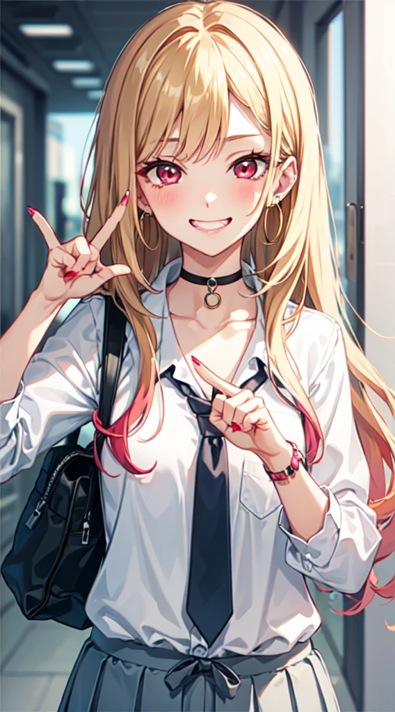 1girl,kitagawa marin,smile,(blonde hair:1.2),solo,shirt,choker,necktie,long hair,red eyes,jewelry,looking at viewer,,grin,(white shirt:1.2),earrings,black choker,bag,ear piercing,blush,piercing,bangs,blurry background,collared shirt,school bag,blurry,upper body,multicolored hair,nail polish,sparkle,long fingernails,fingernails,v,pink nails,selfie,gyaru,fake nails,small_breasts,sleeves rolled up,barbell piercing,black necktie,gradient hair,teeth,lace choker,collarbone,pocket,blue necktie,reaching towards viewer,long sleeves,(Five fingers:1.5),(fingers of detail:1.5),victory,