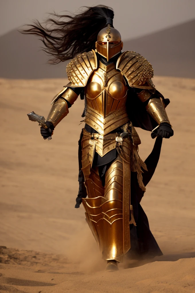 photo of 1girl, , wearing sistersilence armor, mask details, topknot,wavy hair, full armor, detailed shoulder armor, pauldron, gold armor, armor detail, gold trimmings, pelvic curtain, cape, swinging sword, facial tattoo, battle, army, firing, gun, charging, running, standing by desert storm, sandstorm, dune, dark ambiance, 