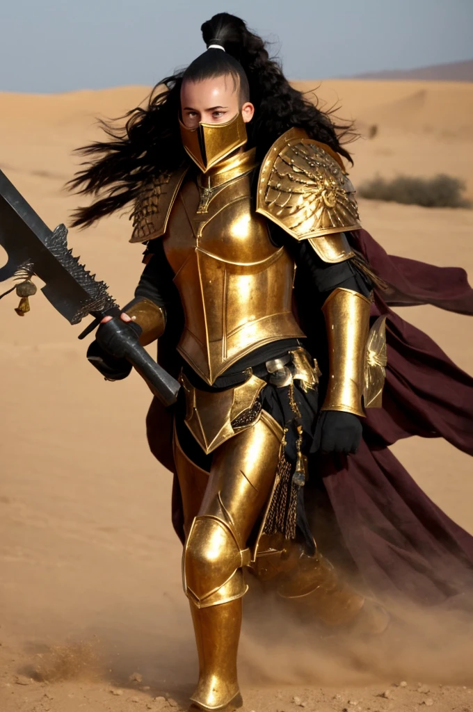 photo of 1girl, , wearing sistersilence armor, mask details, topknot,wavy hair, full armor, detailed shoulder armor, pauldron, gold armor, armor detail, gold trimmings, pelvic curtain, cape, swinging sword, facial tattoo, battle, army, firing, gun, charging, running, standing by desert storm, sandstorm, dune, dark ambiance,
