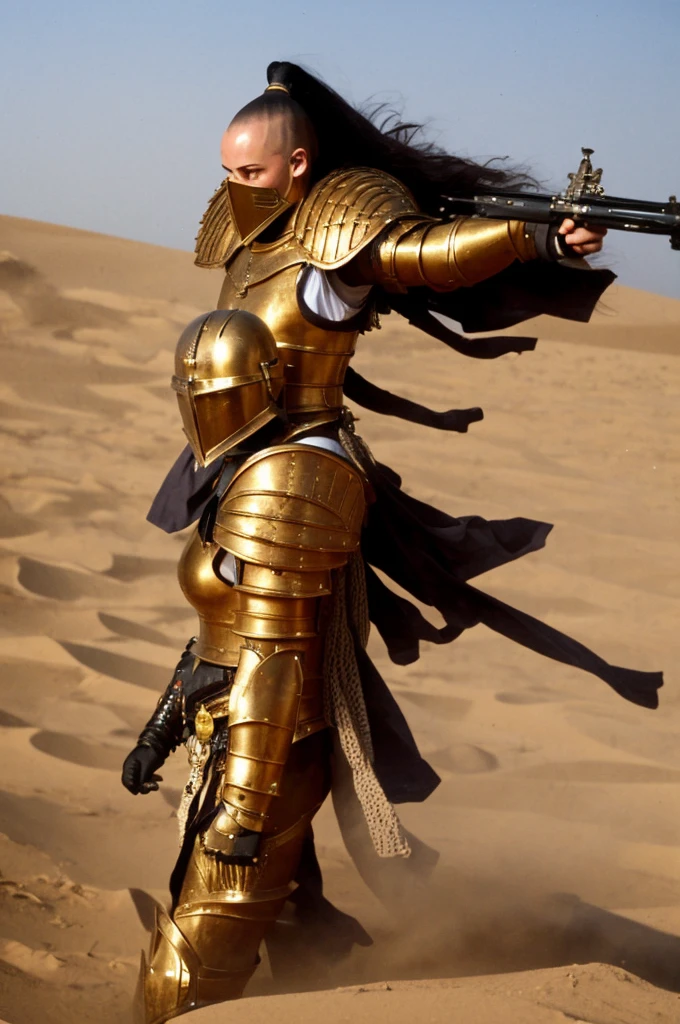 photo of 1girl, , wearing sistersilence armor, mask details, topknot,wavy hair, full armor, detailed shoulder armor, pauldron, gold armor, armor detail, gold trimmings, pelvic curtain, cape, swinging sword, facial tattoo, battle, army, firing, gun, charging, running, standing by desert storm, sandstorm, dune, dark ambiance, 