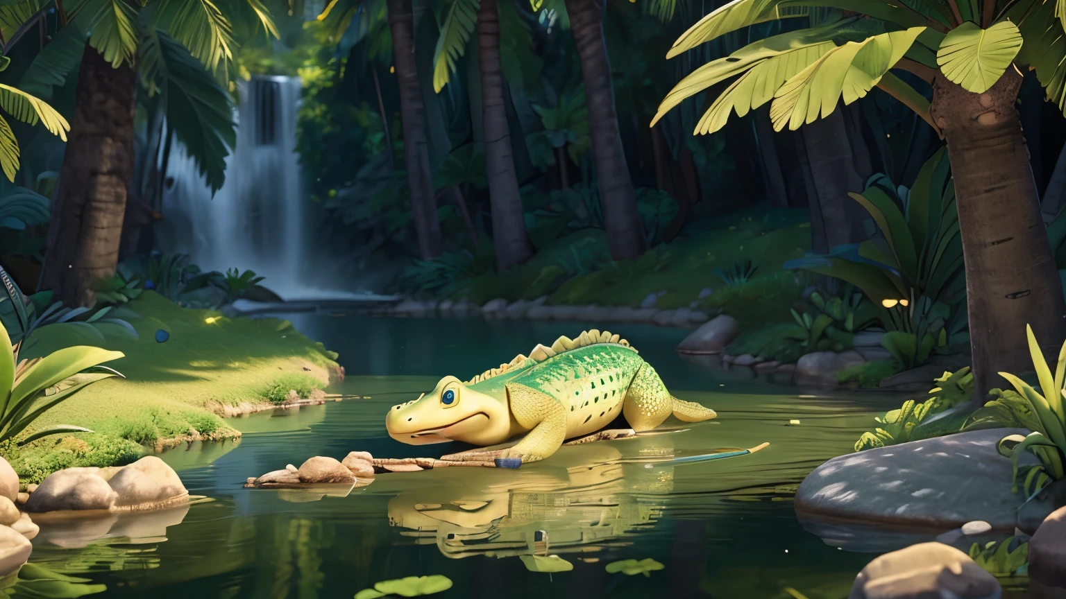 3d animation, little lake, crocodile in lake, (best quality,4k,8k,highres,masterpiece:1.2),ultra-detailed,realistic,photorealistic,photo-realistic:1.37,HDR,UHD,studio lighting,ultra-fine painting,physically-based rendering,extreme detail description,professional,vivid colors,bokeh,wildlife,nature,lush environment,tropical,beautiful lighting,cinematic