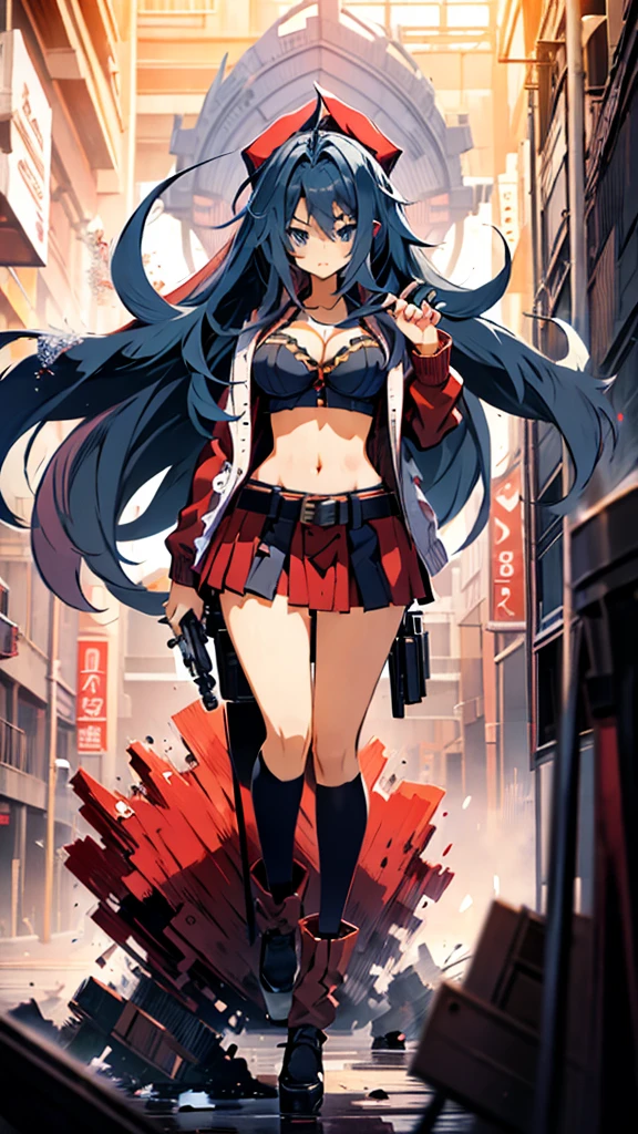 High detailed, anime girl, large spruce-blue hair, navy-blue eyes, busty, gorgeous plump body, red cardigan, Black bustier, large bullet belt, large skirt, holding Gun in hand, Dynamic pose