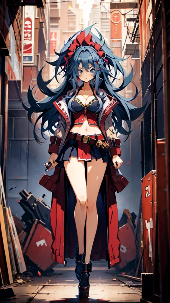 High detailed, anime girl, large spruce-blue hair, navy-blue eyes, busty, gorgeous plump body, red cardigan, Black bustier, large bullet belt, large skirt, holding Gun in hand, Dynamic pose