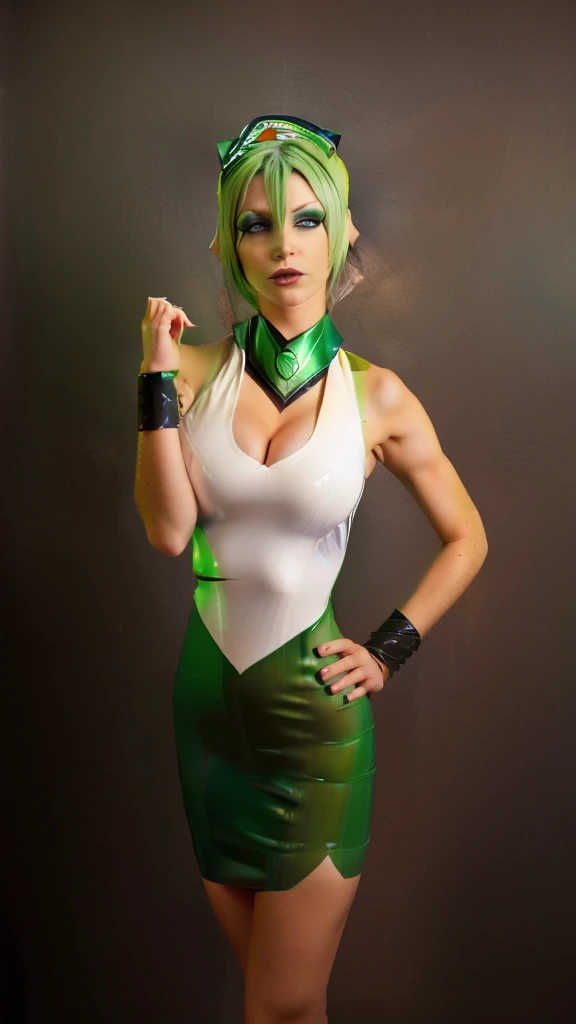 blond woman in green and white outfit posing for a picture, tatsumaki from GREEN LANTERN , Arisia Rrab, ((pointed ears))
cosplay
