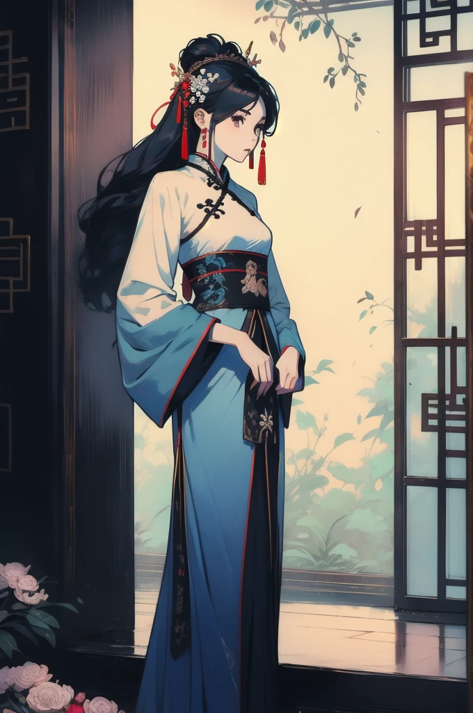 A woman in a blue and white dress with flowers in her hair, Hanfu, palace, girl in Hanfu, blue Hanfu, white Hanfu, Wearing ancient Chinese costumes, ((Beautiful fantasy queen)), ancient Chinese Princess, Chinese style, Chinese traditional clothing, Ancient Chinese Clothing, Beautiful fantasy queen, Chinese Princess, Traditional beauty,