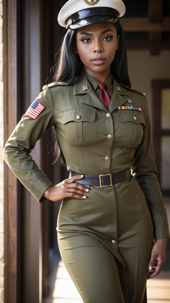 arafed woman (), detailed curly black hair, hourglass figure, athletic build, tan skin, soft lighting, 1940s army captain outfit, hat,military jacket,white shirt and neck tie,ribbons and medals,vintage soldier, detailed outfit, exterior battlefield, adult woman, beautiful woman, gorgeous, woman, full body, sexy woman,WWII vintage Army officer's dress uniform