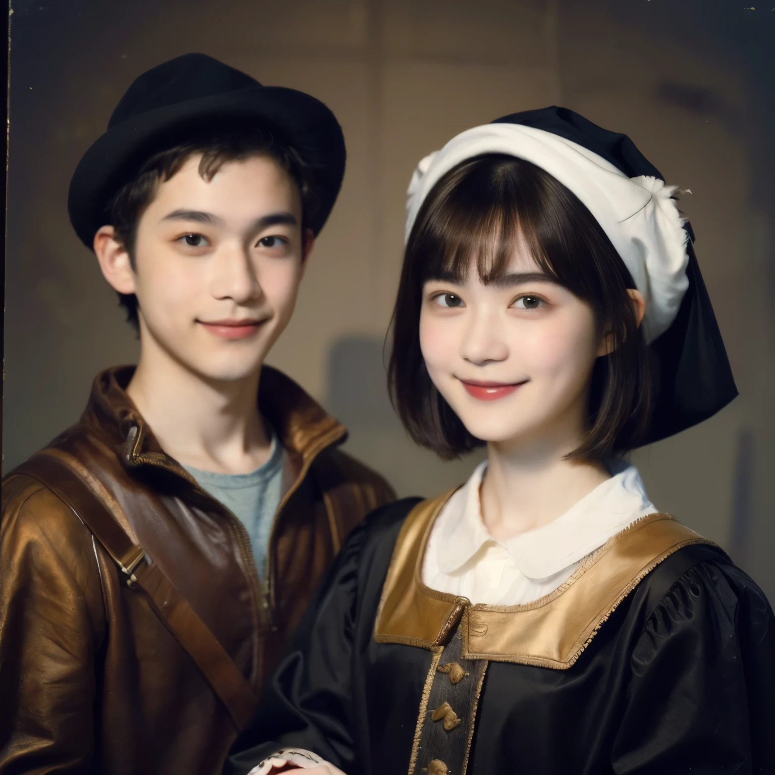 252 (An 18-year-old female and an 18-year-old male), (short hair),kind, lipstick, (Rembrandt-style painting), smile