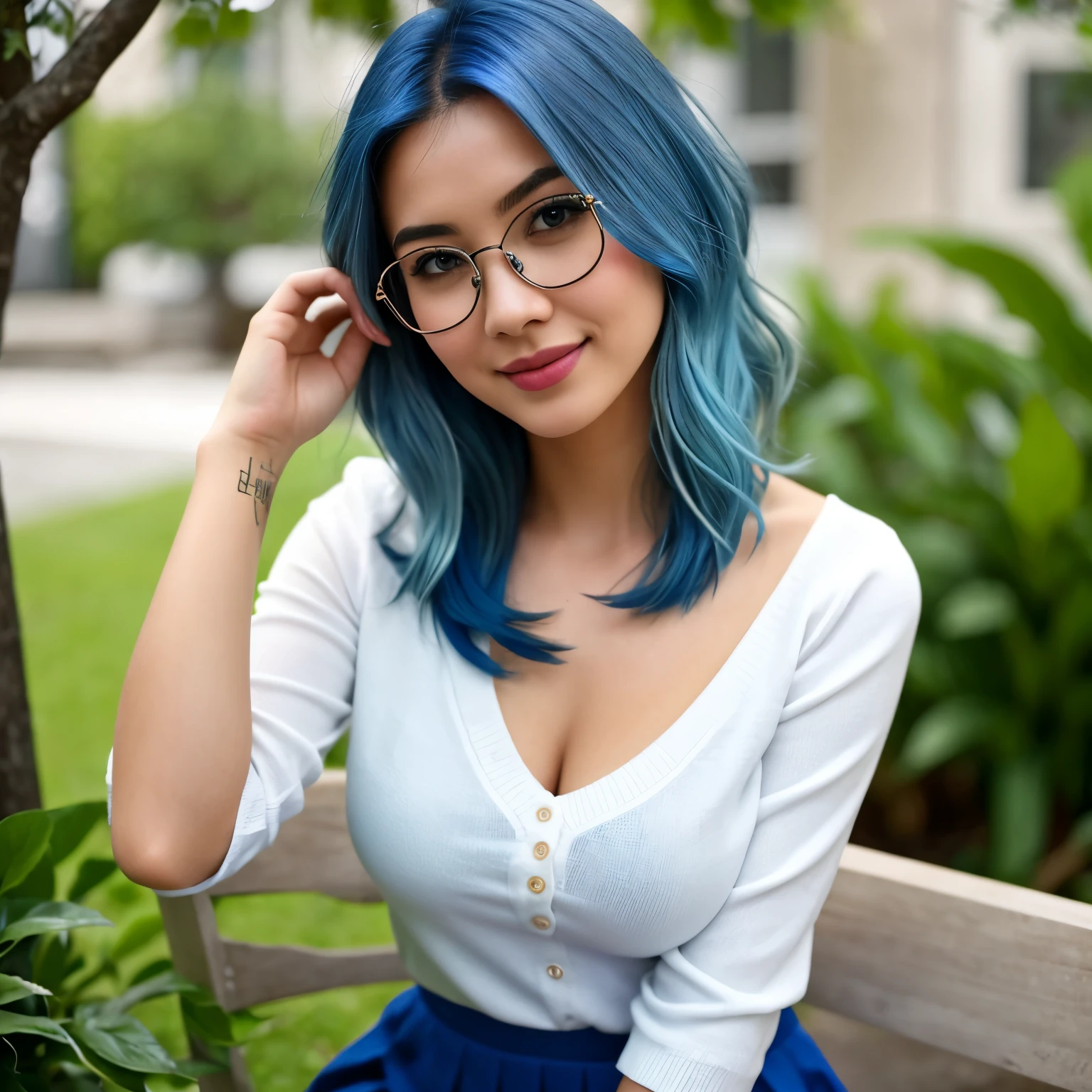 (blue hair:1.5), short hair, cobalt hair, shoulder-length hair, green eyes, Full body, woman with white skin and Asian features, 24 year old, big breast. She has a small, elegant nose with a slight upward curve at the tip. Her lips are full and naturally pink, with a well-defined Cupid's bow. Her teeth are straight and white, enhancing her captivating smile. Her face has an oval shape with high cheekbones that add to her model-like appearance. (crack), detailed (texture!, hair!, shine, color!!, flaws: 1.1), highly detailed glowing eyes, (looking at camera), specular light, dslr, extreme quality, Fujifilm XT3, crystal clear, cute face, detailed skin pores, oil Dark skin, brown, complex eye details, she is far from the camera, A full-body portrait, captured from a distance. Dynamic Frame, (masterpiece), (best quality), (ultra-detailed), masterpiece, best quality, highly detailed, 1girl, solo, thin blouse, brown sweater,collared shirt,blue skirt, white thigh highs, Athletic body, sitting, short school suit, outdoors, sexy Linda thig gap, glasses, intricate details, shiny background, glossy, intricate, elegant, sharp focus, bright colors, cinematic, extremely beautiful, stunning composition, creative, positive radiant, inspiring, thought, fancy, iconic, fine detail, full color, cheerful, cute, perfect light, magic, pretty, illuminated, amazing, epic, great artistic, atmosphere, new, fantastic
INFO