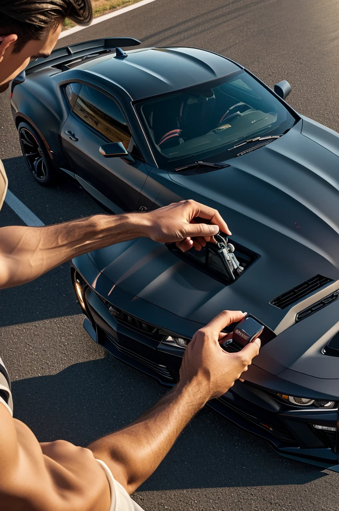 The keys to a 2023 SS model Camaro car in the palm of a hand with a road surface