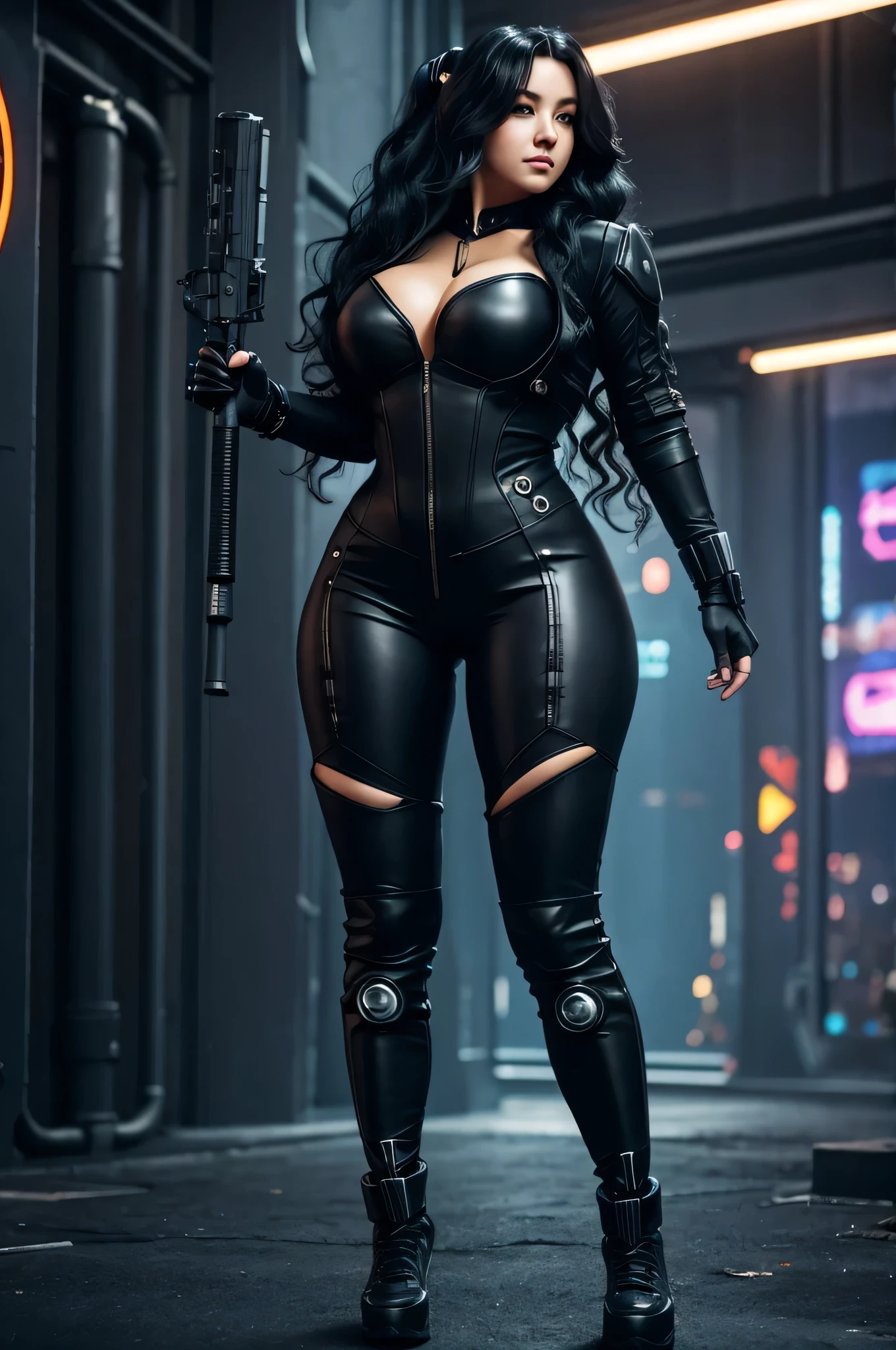 Long black wavy hair, cyberpunk outfit, a bat and thick thighs with an hourglasss body