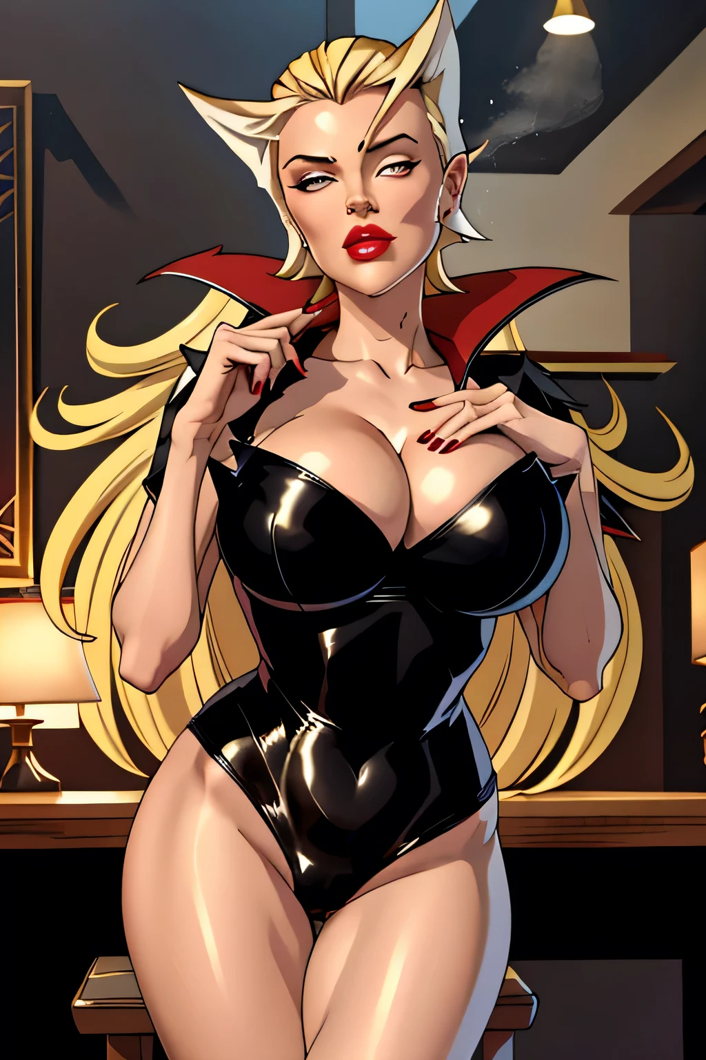 ((Highest quality)), ((masterpiece)), (Familiar), (High resolution), Cinematic, (Complex:1.4), Best Shadow, Side lighting, 8K, ((Charlize Theron)), ((doronjo)), Perfect Face, detailed, (Accurate hand and finger depiction), ((doronjoのマスクとコスチューム)), (Blonde long hair), Beautiful long red nails, Deep Red Lipstick, (Voluptuous body), (Large Breasts:1.3)、(Cleavage), Tight waist, Big Ass, Fascinating, glamorous, close your eyes, (orgasm:1.0), ((squat)), Smoking a long pipe, ((Touching the groin)), (Woman standing on top), (From the chest up:1.4), In prison