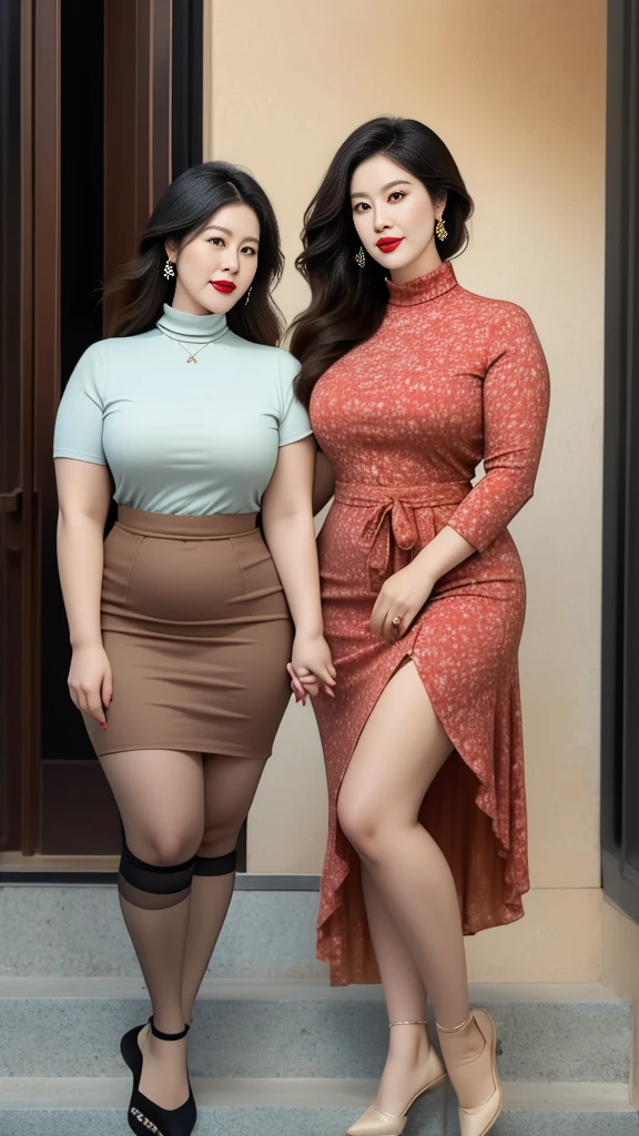 Twin sisters holding hands on the street，light brown clothes (No cleavage),thigh, cosmetic, (lipstick: 1.1), (Eyeliner: 1.2), mascara, Eyeshadow,Outdoor sports, earrings, necklace, Black tights, Wrinkles at the corners of the eyes, Oral wrinkles,High Neck Knit Bodycon Skirt，full-body shot，An Asian Japanese woman，65 years old，big eyes，elegant temperament elegant temperament，(masterpiece:1.2, best quality), actual, (The real situation,45 years old， Intricate details, Depth of Field，High neck clothes), careful, The content is very detailed, This is a perfect face, Perfect body, Large Model, Mature woman, High，Black silk garter belt，8K,best quality, masterpiece, Ultra-high resolution,(lifelike:1.4), original photo, Stay focused, detailed, Dramatic, Exquisite beautiful woman, (tall and straight:1.1),(Fat goddess desetallic high collar dress,High collar fitted skirt),half butterfly earrings, double ring necklace, (:1.05), (65 years old, : 1.4),Long curly hair, Dynamic angle, (red lips)Beauti