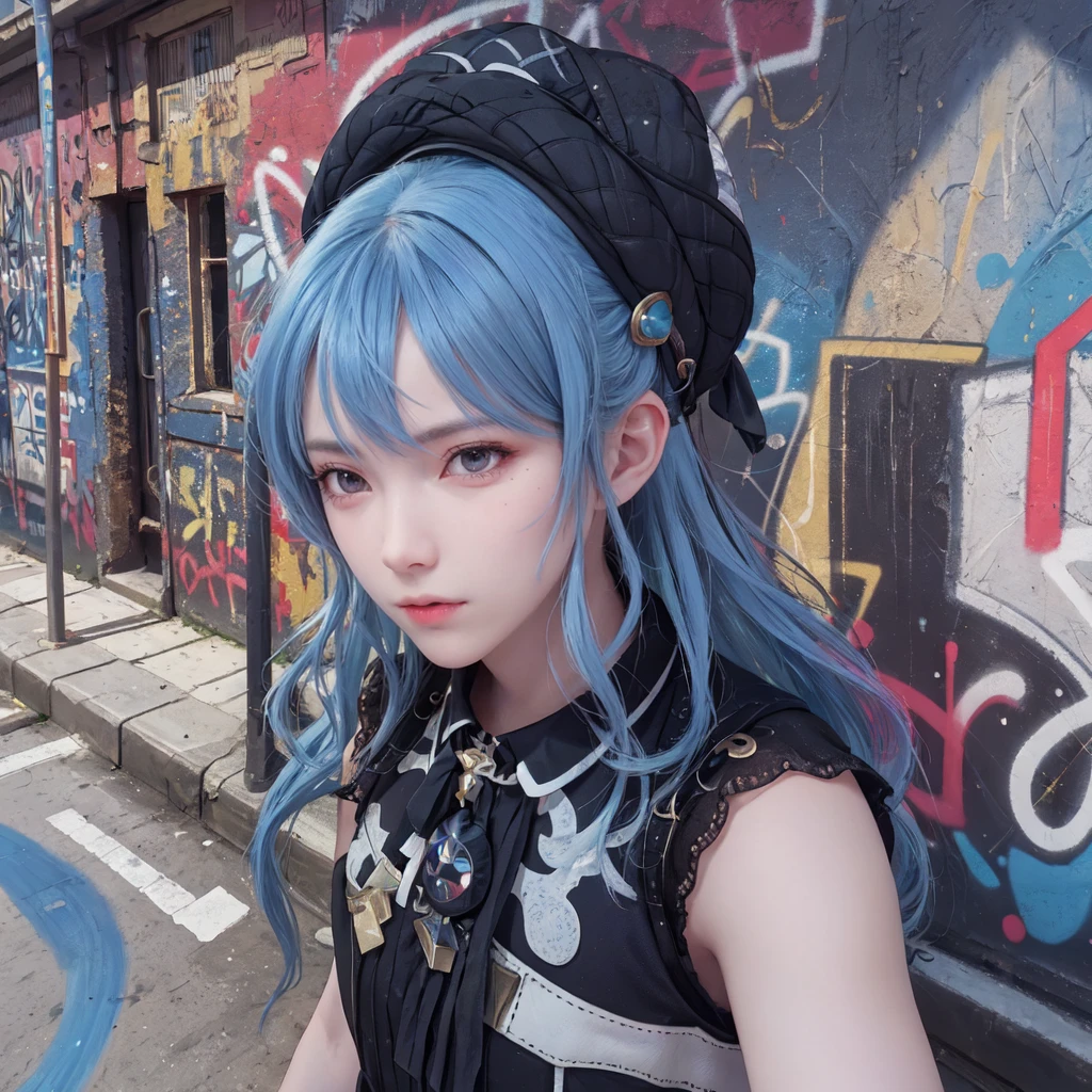 (best quality), masterpiece, Extremely detailed CG8K painting, high color, Extremely high color saturation, All colors are deepened, painting, graffiti art, central composition, Extremely detailed light and shadow, graffiti wall, The walls are painted bright colors, 1 girl graffiti 1 girl looking at the wall, The face and eyes are very detailed, medium length hair, sportswear, colorful clouds