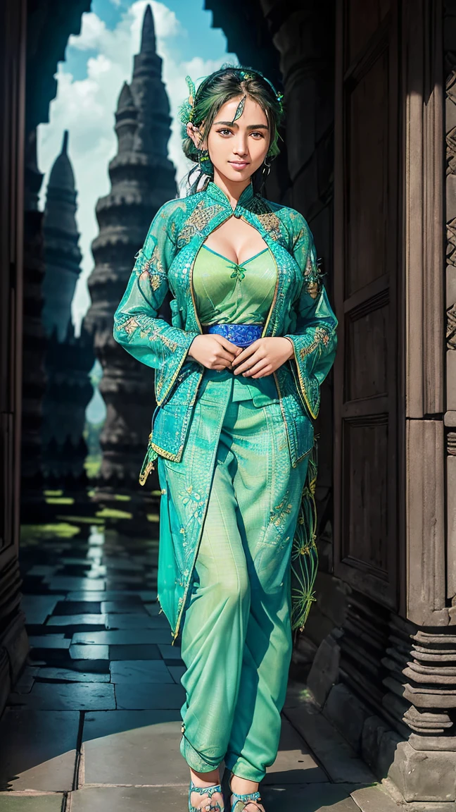 hyperphotorealistic.
braided hair, brownish hair color, blue combination.
beautiful girl 18yo, Indonesian girl.
((wearing green kebaya: 1.5)), long sleeve kebaya, chest transparent.
wearing batik cloth overalls with charming details, ((full body: 1.5)).
slightly wet road: 1.5,
slit on the side, so that her legs can be seen: 1.5,
((wearing batik shoes on her feet: 1.5,))
((background of a magnificent Prambanan temple: 1.5))

((face detail: 1.5, eye detail: 1.5, nose detail: 1.5, lip detail: 1.5, skin detail: 1.5, smooth skin: 1.5, busty: 2.0, busty: 1.5, big cleavage: 2.0, hyperphotorealistic: 1.5, big smile: 1.5, don't show 2girls: 1.5, do not show 3girl: 1.5, do not show 4girl: 1.5, HQ, 32K)), 
