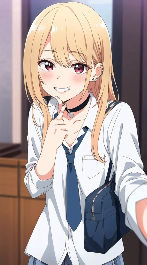 1girl,kitagawa marin,smile,(blonde hair:1.2),solo,shirt,choker,necktie,long hair,red eyes,jewelry,looking at viewer,,grin,(white shirt:1.2),earrings,black choker,bag,ear piercing,blush,piercing,bangs,blurry background,collared shirt,school bag,blurry,upper body,multicolored hair,nail polish,sparkle,long fingernails,fingernails,v,pink nails,selfie,gyaru,fake nails,small_breasts,sleeves rolled up,barbell piercing,black necktie,gradient hair,teeth,lace choker,collarbone,pocket,blue necktie,reaching towards viewer,long sleeves,(Five fingers:1.5),(fingers of detail:1.5),victory,