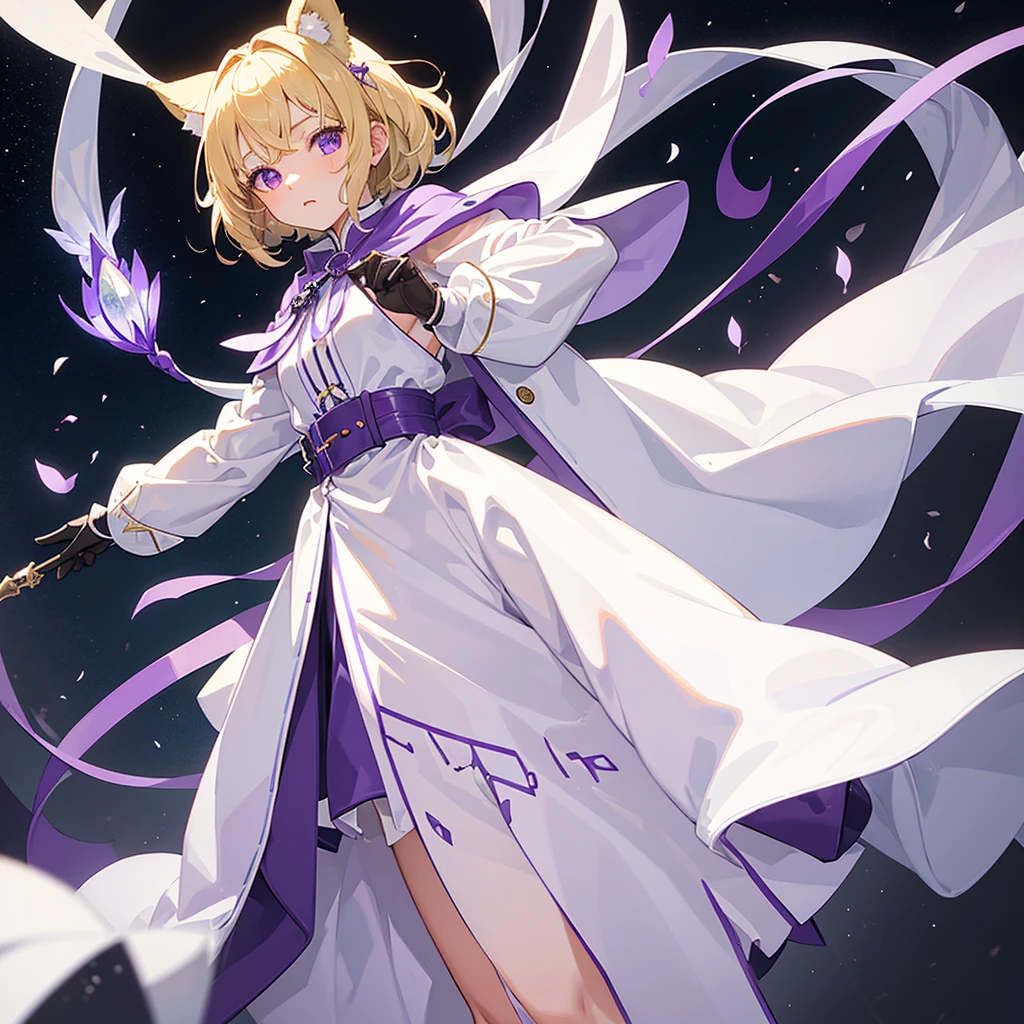 1 female、10 years old、、low length、Blonde、Short Hair、The ends of the hair are curled inwards、Small green ribbons on either side of the head、White smock、Leather belt at waist、White boots、((Purple collar、purple cloak))、White leather gloves、Hands on hips、