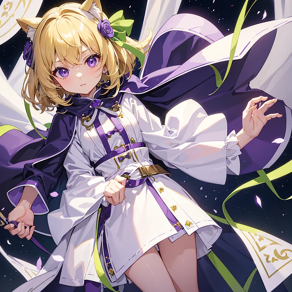 1 female、10 years old、、low length、Blonde、Short Hair、The ends of the hair are curled inwards、Small green ribbons on either side of the head、White smock、Leather belt at waist、White boots、((Purple collar、purple cloak))、White leather gloves、Hands on hips、