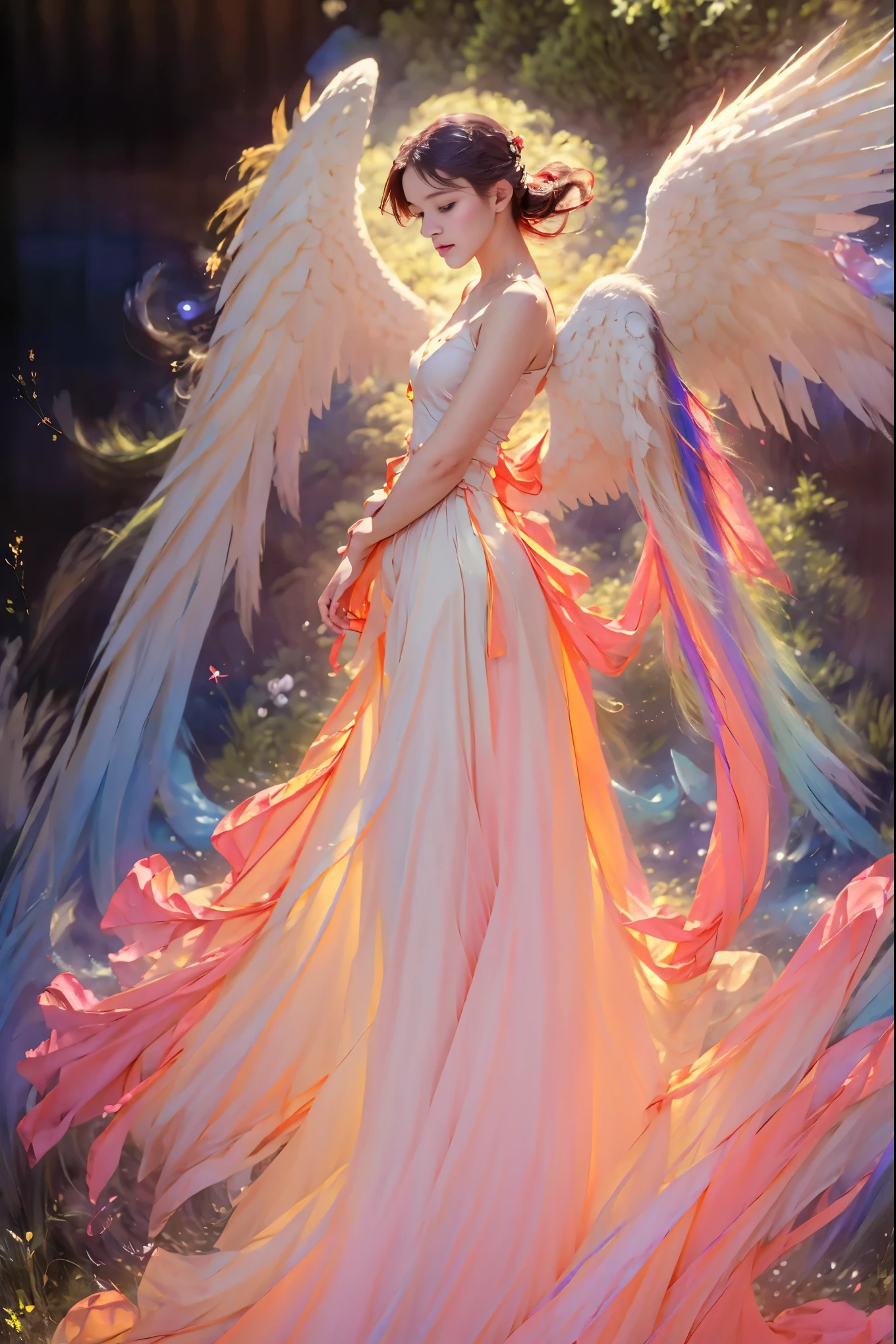 a beautiful angel with large wings, full body, mystical fairy tale, deep space sky, black and white, Jeremy Mann style, Louis Icart style, Valentin Serov style, Makoto Kobayashi style, Karol Buck style, (best quality,4k,8k,highres,masterpiece:1.2),ultra-detailed,(realistic,photorealistic,photo-realistic:1.37),HDR,UHD,studio lighting,ultra-fine painting,sharp focus,physically-based rendering,extreme detail description,professional,vivid colors,bokeh