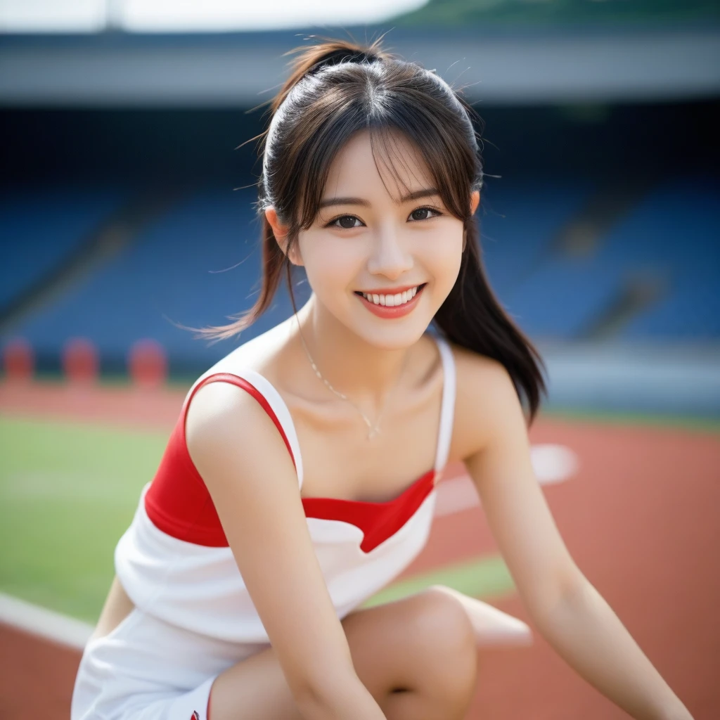 8K, Ultra-high resolution, Highest quality, masterpiece, 三分割法によるphotograph,Surreal, photograph, 1 Girl, (:1.3), pretty girl, Cute face, Beautiful eyes in every detail, 細かくdetailedに,masterpiece,, One Girl:1.2, Japan Female Announcer,whole body,Outdoor,Athletics Stadium,Sportswear,Beautiful leg line beauty,Refreshing sweat,Full of sex appeal,Sensual,A carefree smile,Heal the heart,Black Hair,ponytail,Looking at the audience、beauty,Long neck、Laugh a little、Please close your mouth and laugh、(((Ideal body type))),A cup small breasts :2,、Portraiture:2、Perfect Anatomy、鮮明なdetailed、detailed、Surreal、Light and shadow,Strong light