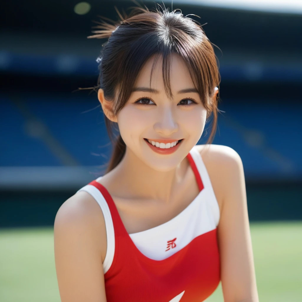 8K, Ultra-high resolution, Highest quality, masterpiece, 三分割法によるphotograph,Surreal, photograph, 1 Girl, (16 years old:1.3), pretty girl, Cute face, Beautiful eyes in every detail, 細かくdetailedに,masterpiece,, One Girl:1.2, Japan Female Announcer,whole body,Outdoor,Athletics Stadium,Sportswear,Beautiful leg line beauty,Refreshing sweat,Full of sex appeal,Sensual,A carefree smile,Heal the heart,Black Hair,ponytail,Looking at the audience、beauty,Long neck、Laugh a little、Please close your mouth and laugh、(((Ideal body type))),A cup small breasts :2,、Portraiture:2、Perfect Anatomy、鮮明なdetailed、detailed、Surreal、Light and shadow,Strong light