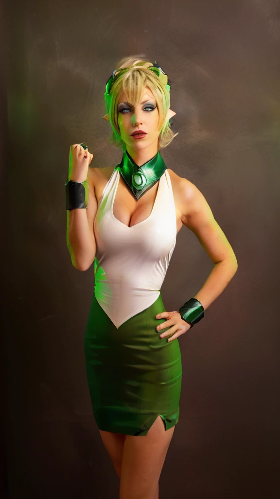 blond woman in green and white outfit posing for a picture, tatsumaki from GREEN LANTERN , Arisia Rrab, ((pointed ears))
 cosplay
