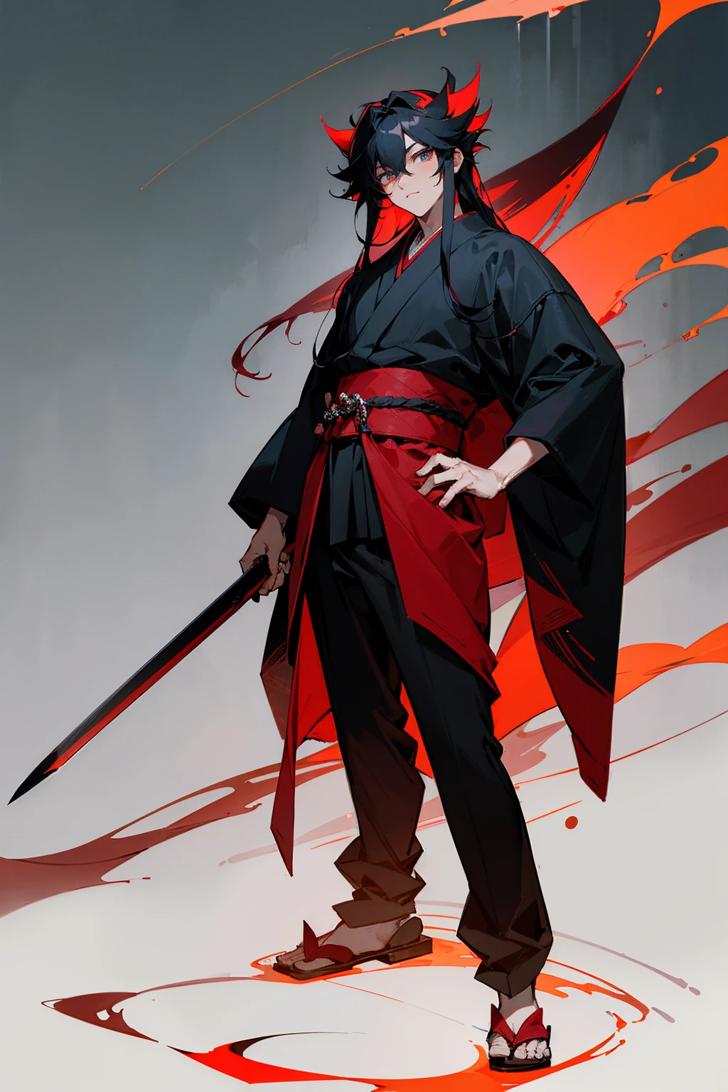 Masterpiece Quality, Perfect Generation, , Detailed Eyes, , Red And Black Long Spiky Hair, Black And Red Haori, Bored Expression, , Full Body, , , Standing, Facing Viewer, Male, Standing Outside Temple In Forest, Clothed, Kimono, Standing In Temple, Night, , Long Black Hair, Sword on hip,