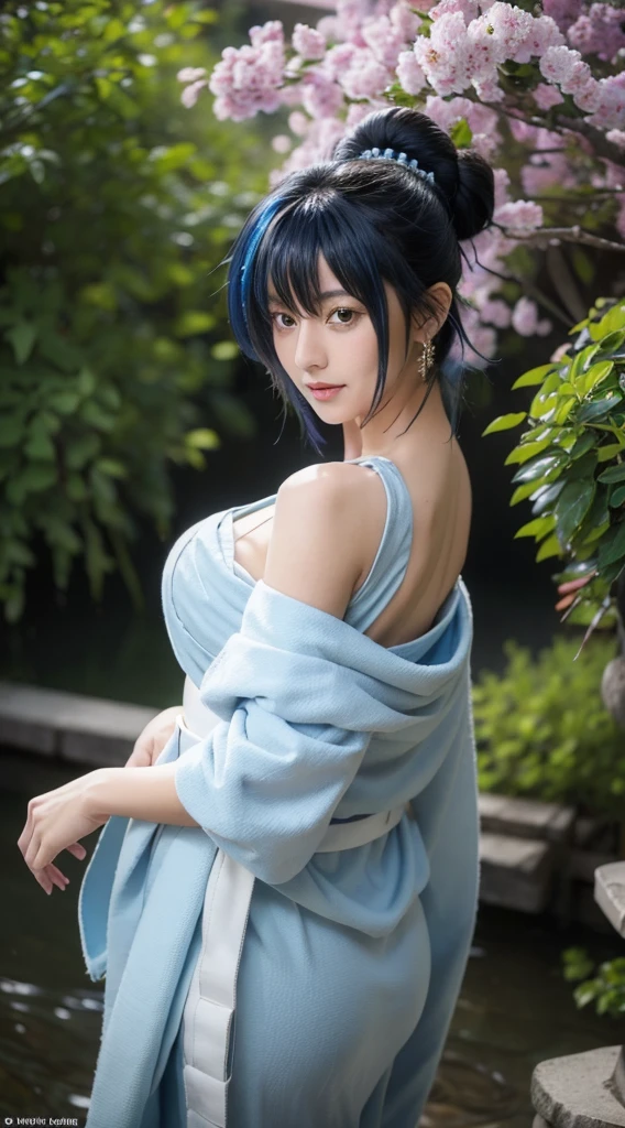 xenovia, masterpiece, best quality, CG, wallpaper, HDR, high quality, high-definition, extremely detailed, blue hair, yellow eyes, hair in a bun, beautiful, beautiful woman, perfect body, perfect breasts, wearing a kimono, wearing earrings, wearing watch, being in the garden, cherry tree, traditional Japanese house, looking at the viewer, a slight smile, realism, masterpiece, textured leather, super detail, high detail, high quality, best quality, 1080p, 16k, showing shoulder